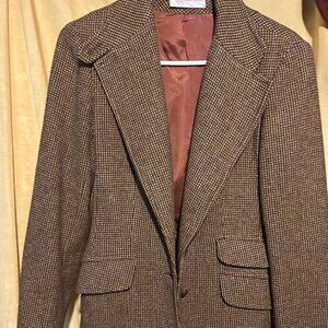 Evan Picone Vintage woman's  brown  houndstooth wool plaid blazer w elbow  pads